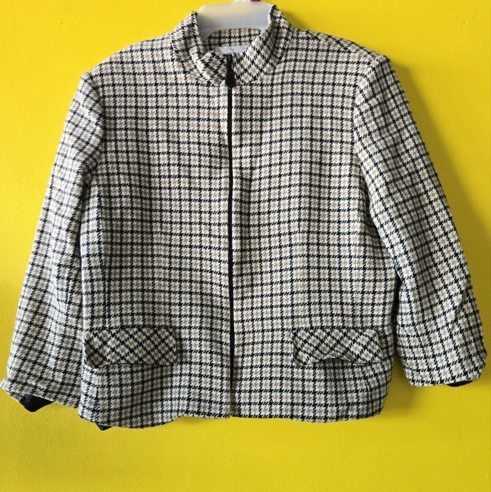 AlbertNipon Angora Wool Jacket fullzip Houndstooth sz 16/L plaid check tan Black